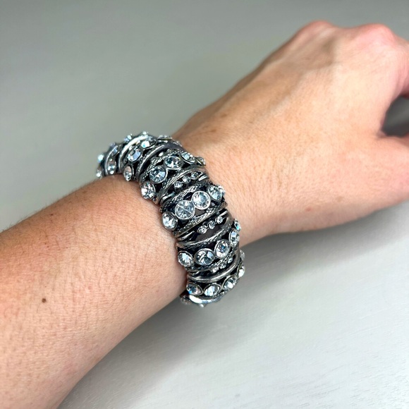 Silver and crystal rhinestone chunky statement stretch bracelet - Picture 3 of 5
